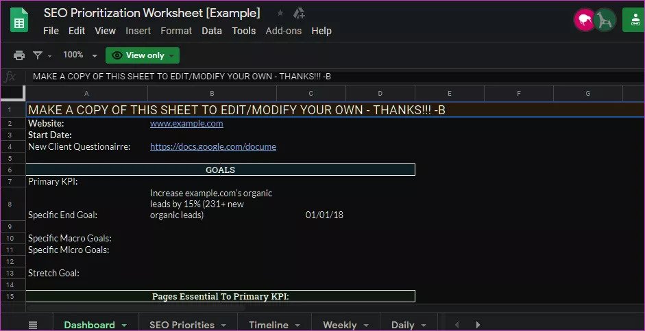 SEO prioritization google worksheets templates