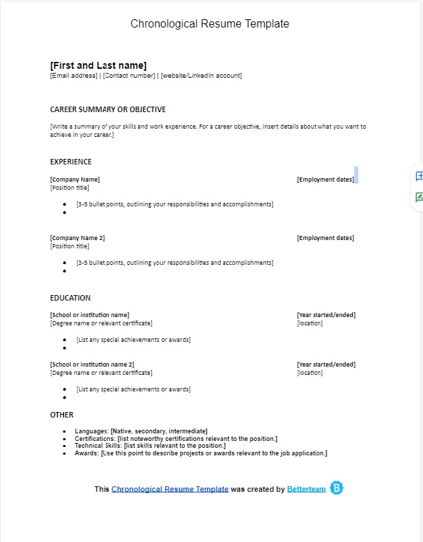 Chronological Resume Google Docs Template for Entry Level
