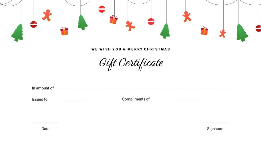 A creative Christmas gift certificate using white background and hanging gifts, toys at the top