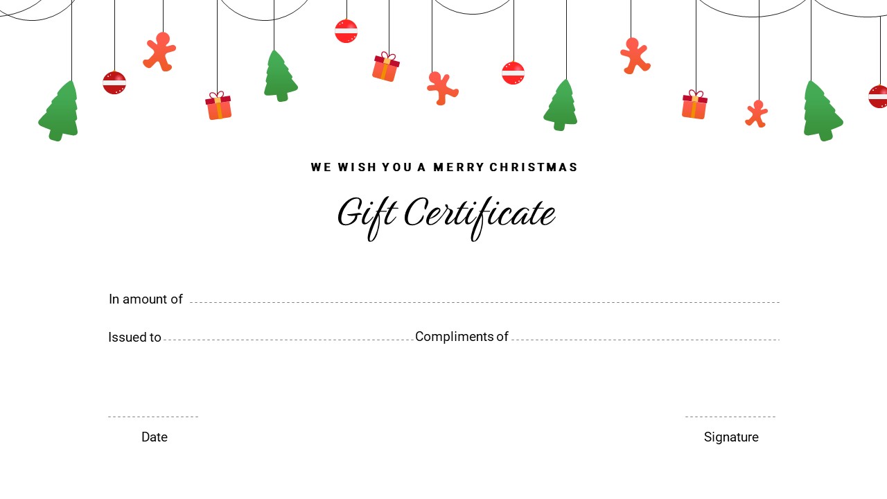 A creative Christmas gift certificate using white background and hanging gifts, toys at the top