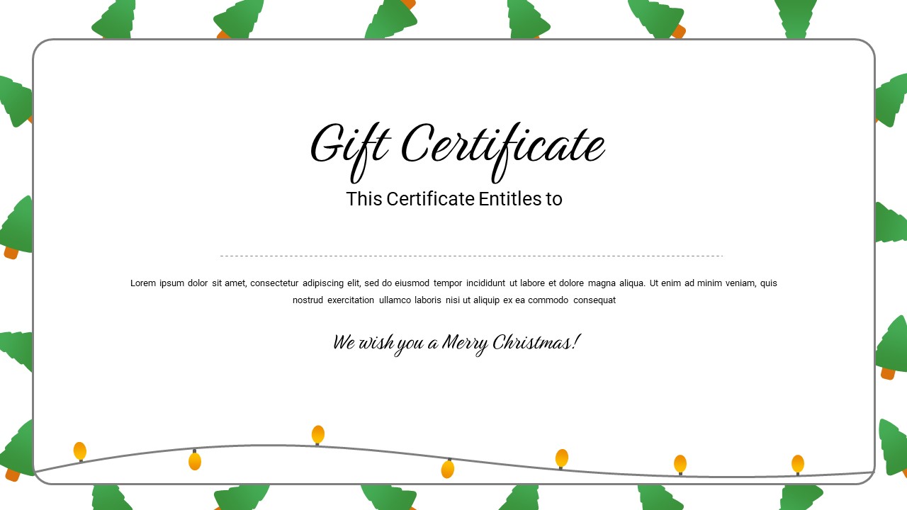A unique gift certificate with decorate lights and and bells at the background