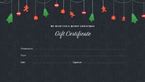 A unique gift certificate with decorate lights and and bells at the background