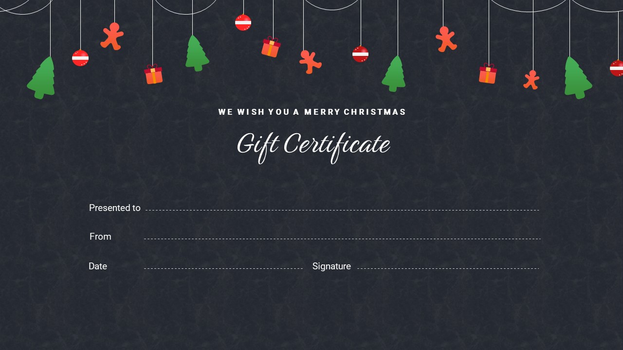 A dark themed christmas gift certificate with decorations at the top