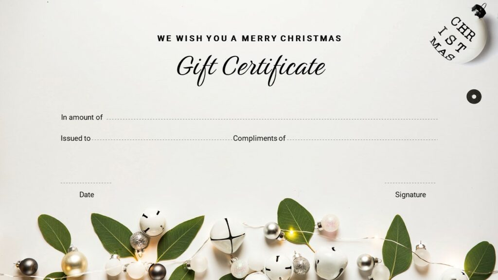 A simplistic gift certificate with catchy decorations at the bottom