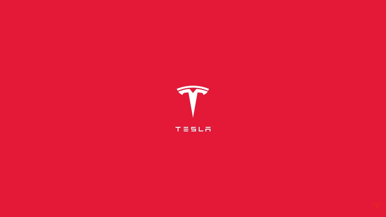 Tesla brand logo over a red background