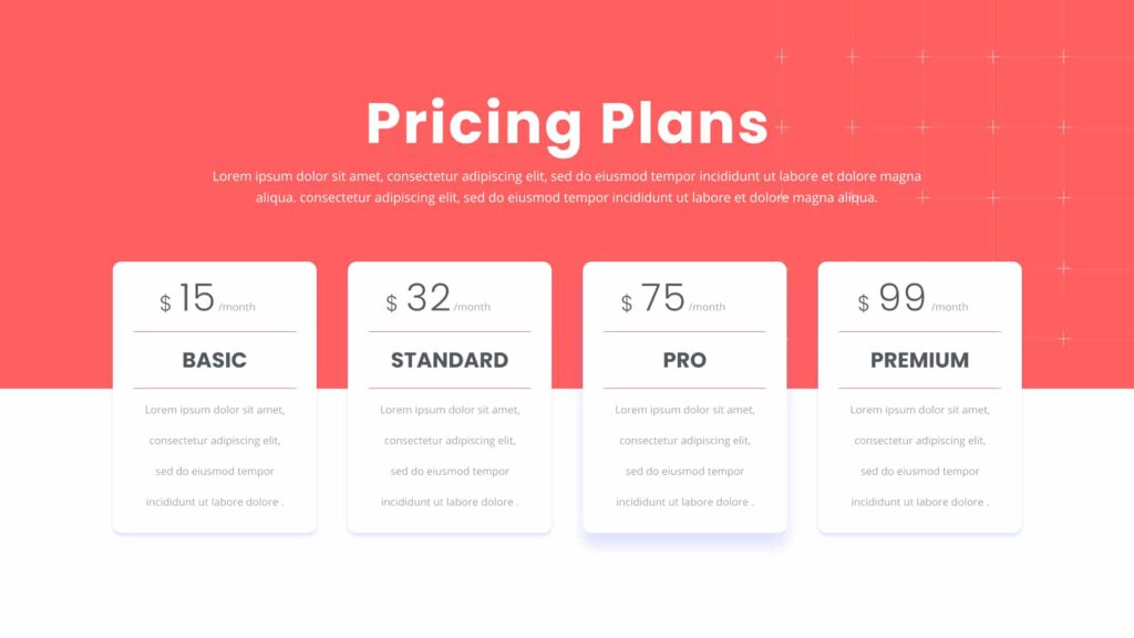 A pricing template with four table to make to showcase different package