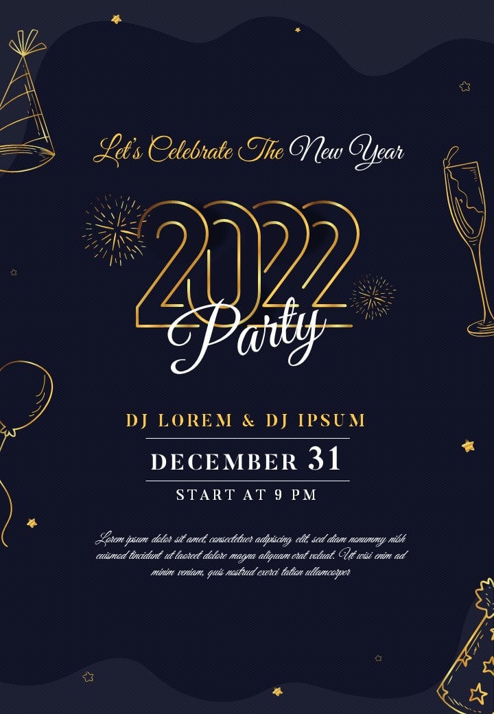 A creative new year eve party poster with dark background and golden fonts