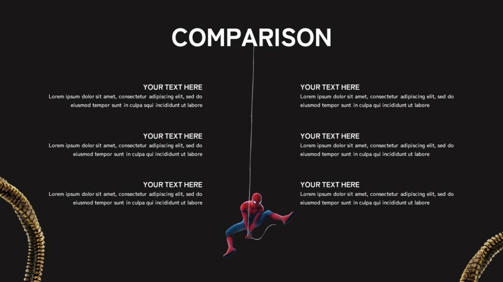 Comparison chart with spiderman handing through rope at center