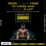A dark fitness poster with muscular bodybuilder image at center
