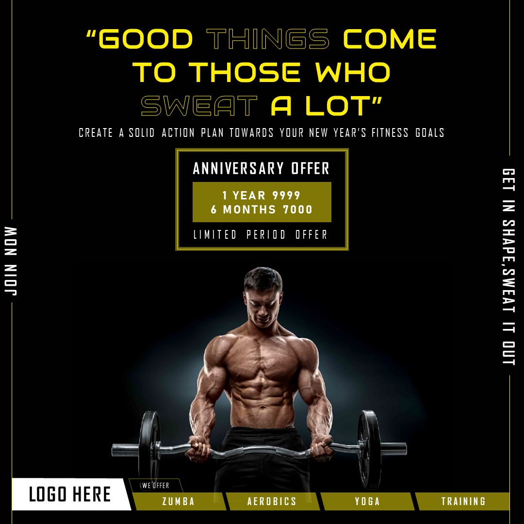 A dark fitness poster with muscular bodybuilder image at center