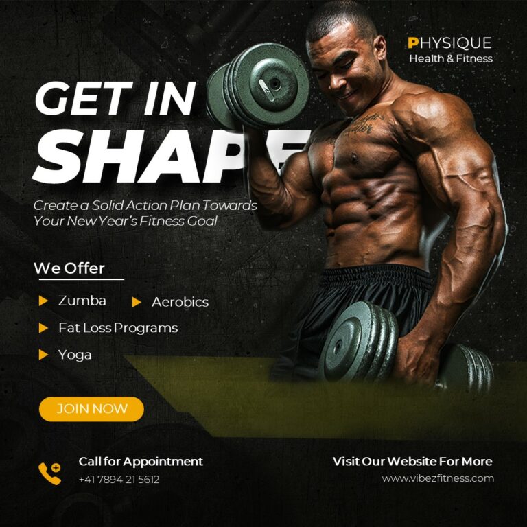 A gym poster featuring a muscular bodybuilder
