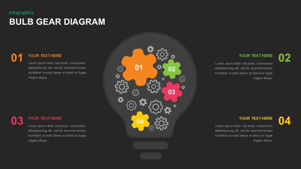Dark background colorful cogwheels inside a bulb