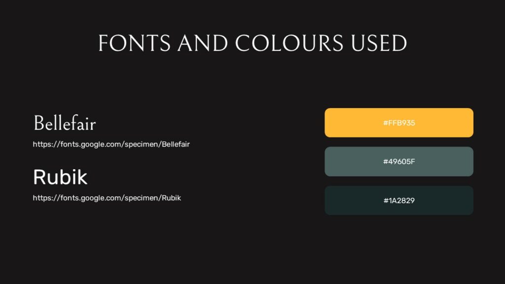 Details of fonts and colors used over black background