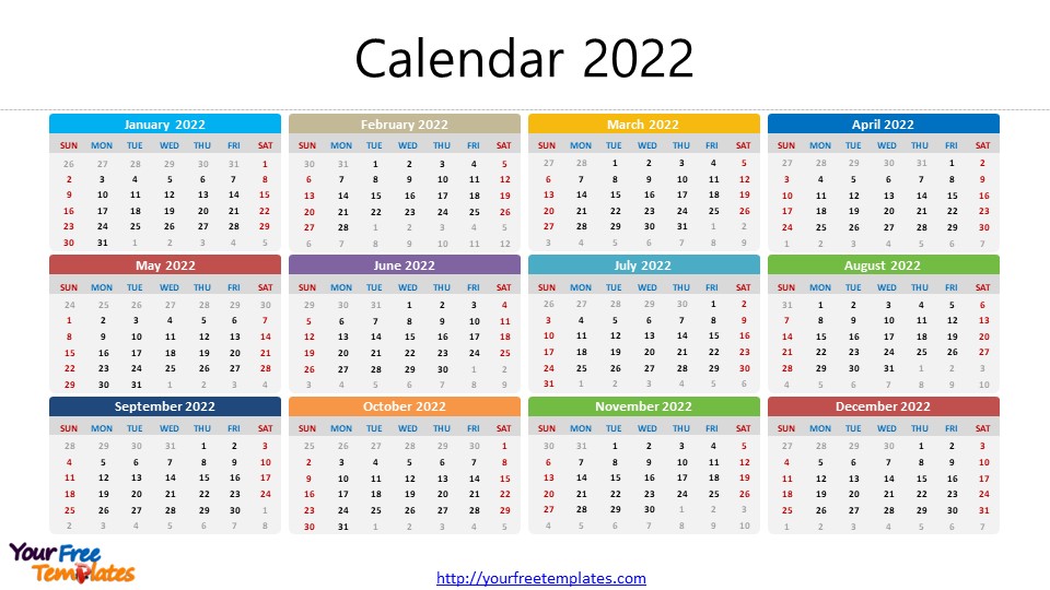 Calendario mensual con cada mes resaltado con un color diferente