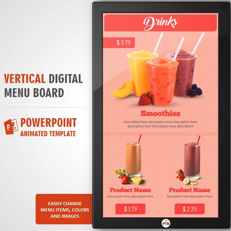 Tablero de señalización digital con imagen de batidos y jugo