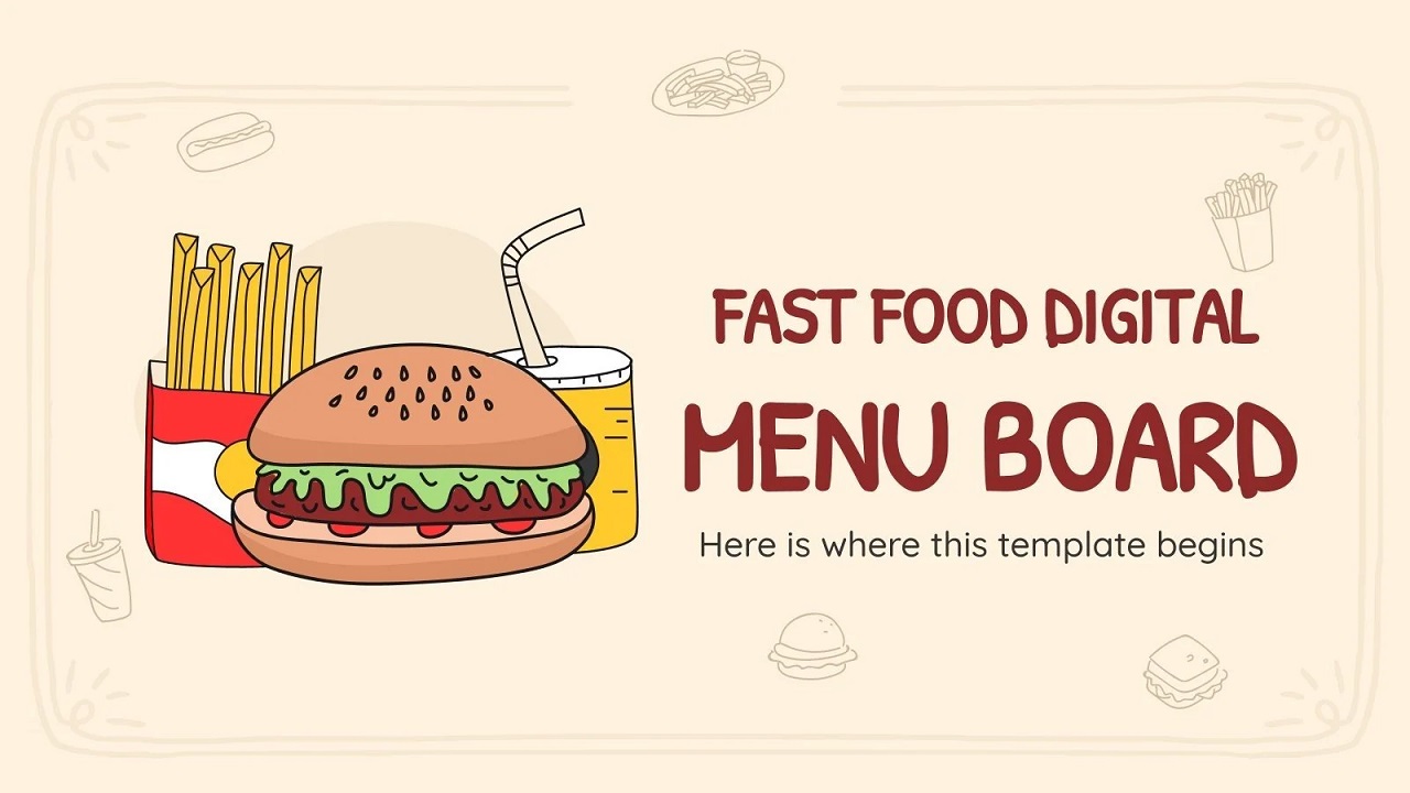 Fast Food Menu with burger and French fries on side.