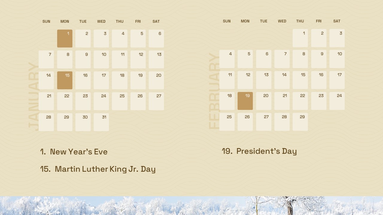 January February holiday calendar