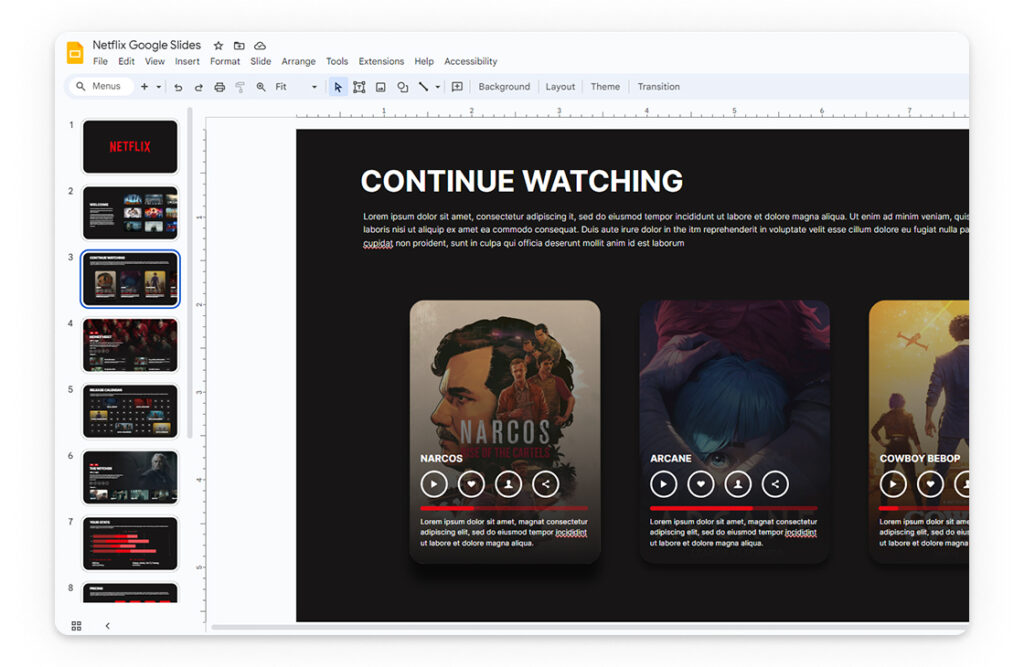 Tema creativo de Netflix de Google Slides