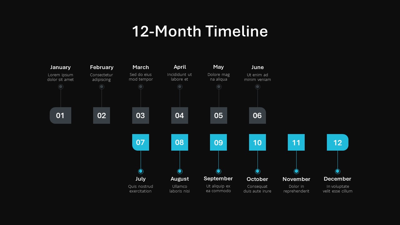 dark theme 12 month timeline for powerpoint