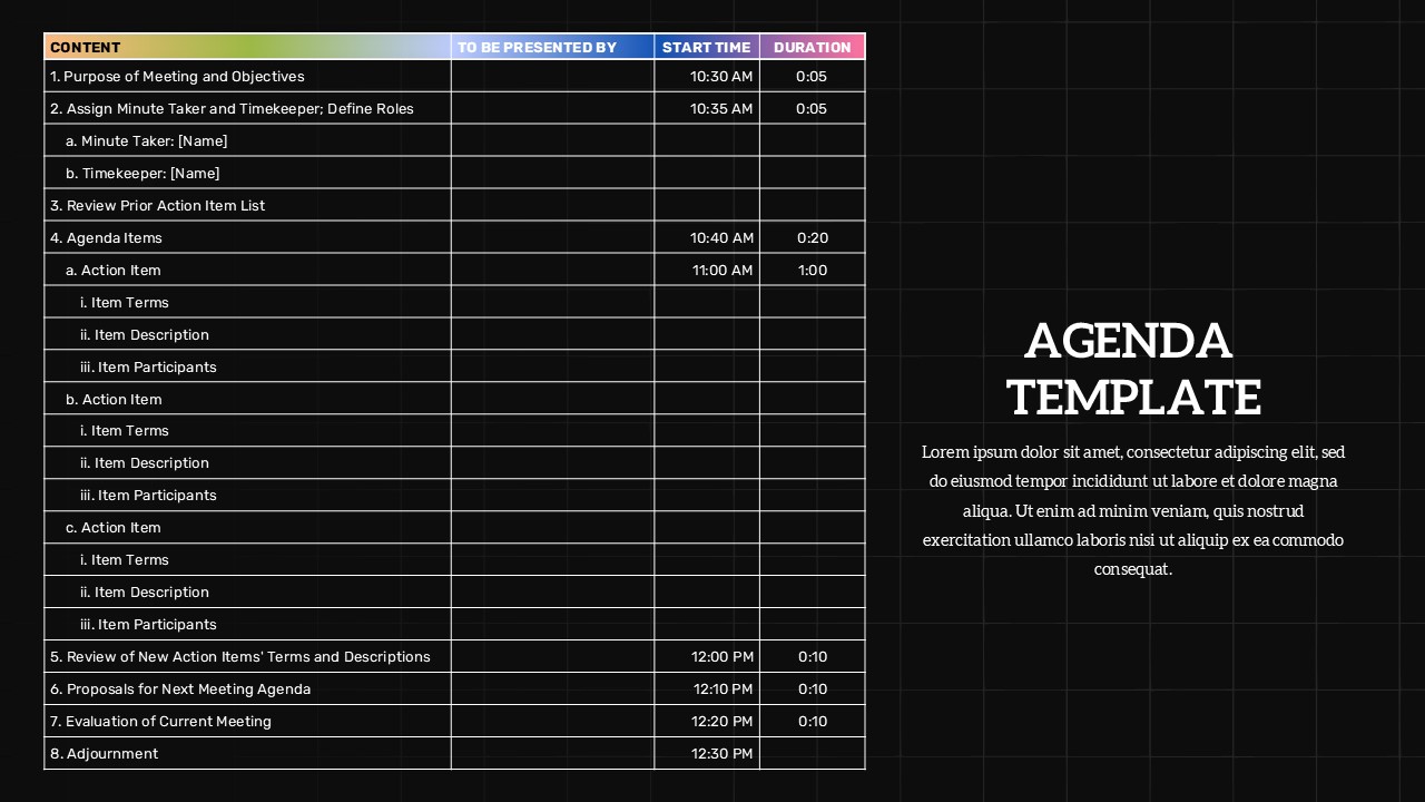 Team Meeting Agenda Template google slides table dark