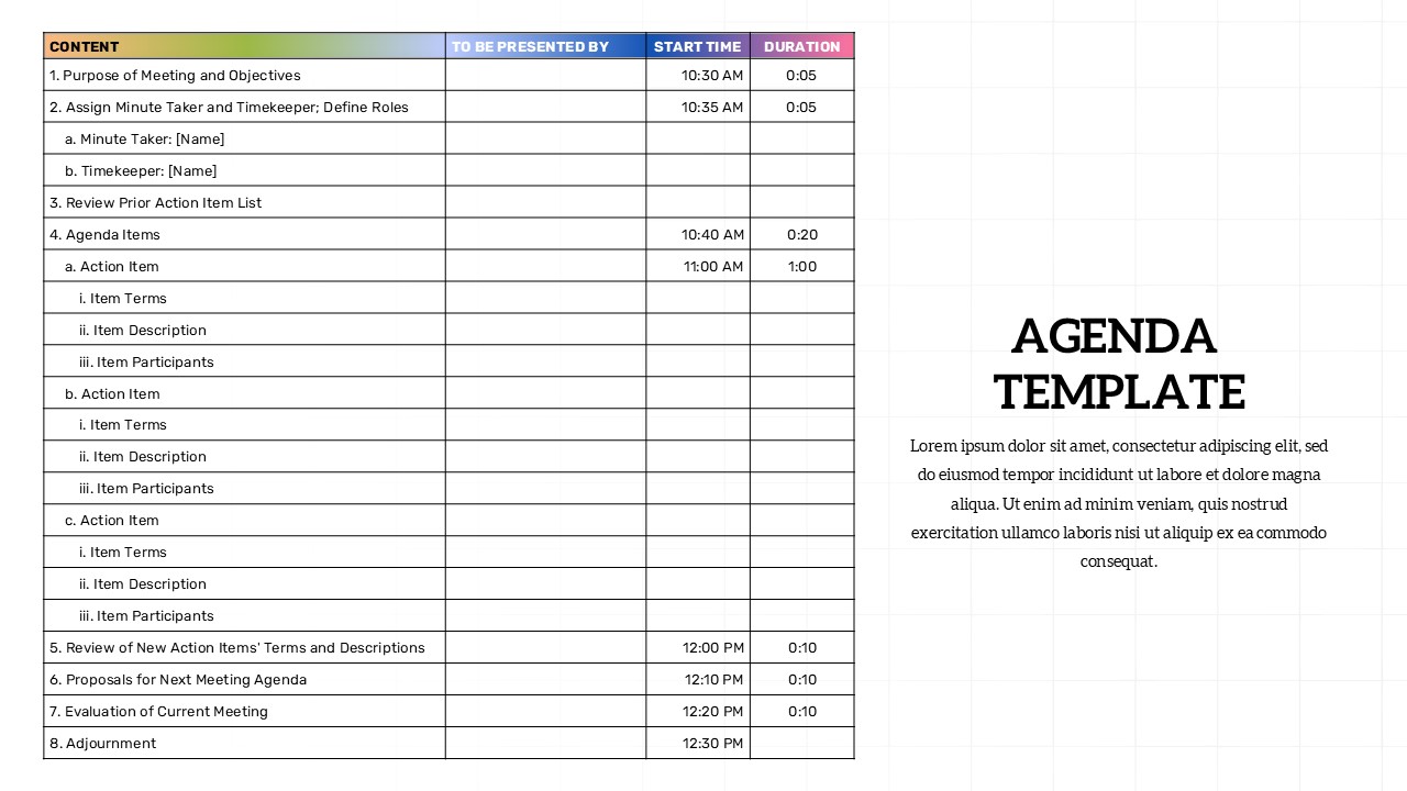 Team Meeting Agenda Template table