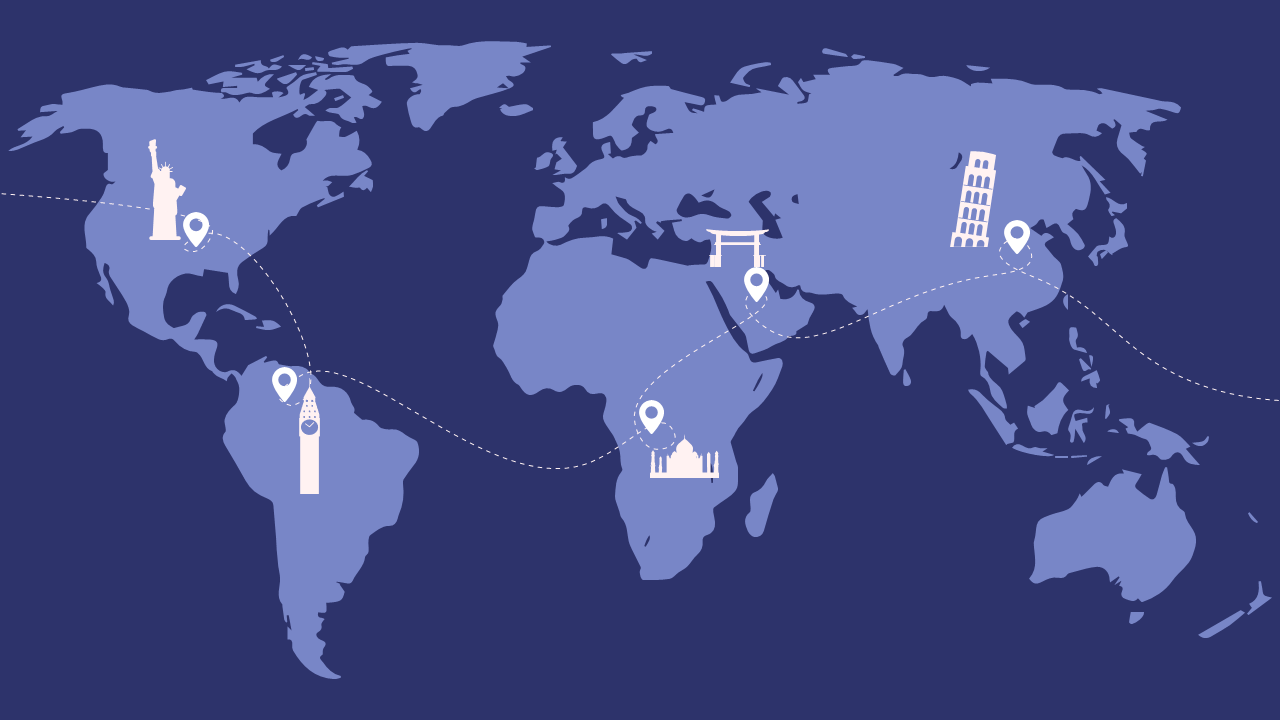 world map with famous destinations