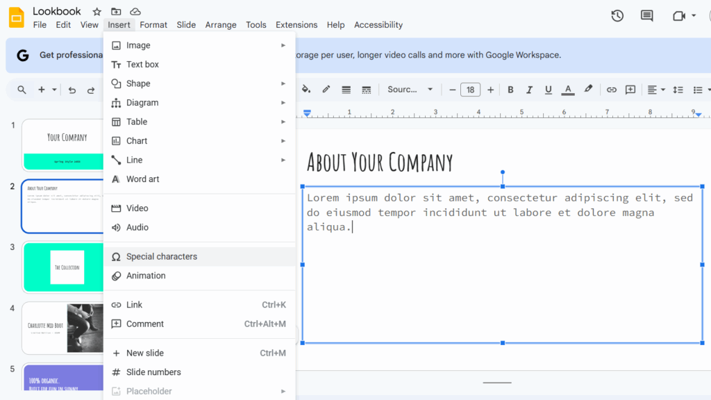 add special characters in Google slides