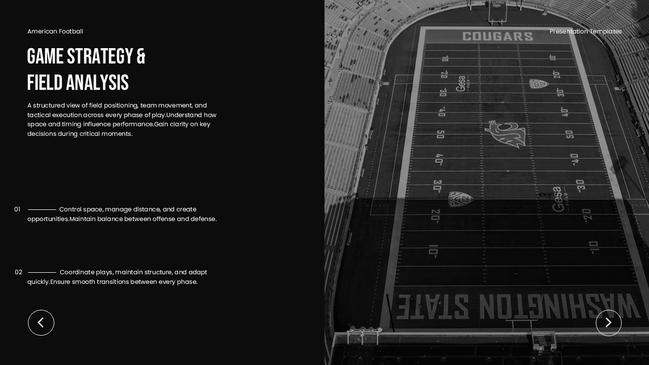 American Football Field Template - aerial stadium view with tactical analysis content sections