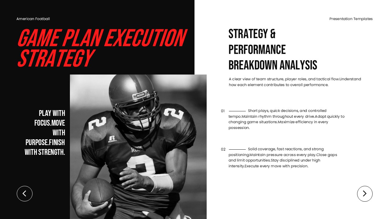 American Football Game Plan Template - execution strategy slide with numbered tactical points and split design