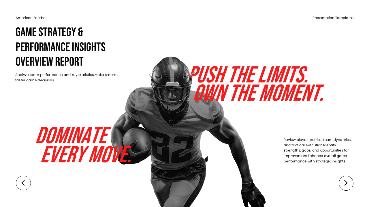American Football Strategy Template - overview slide with motivational text and player action photography