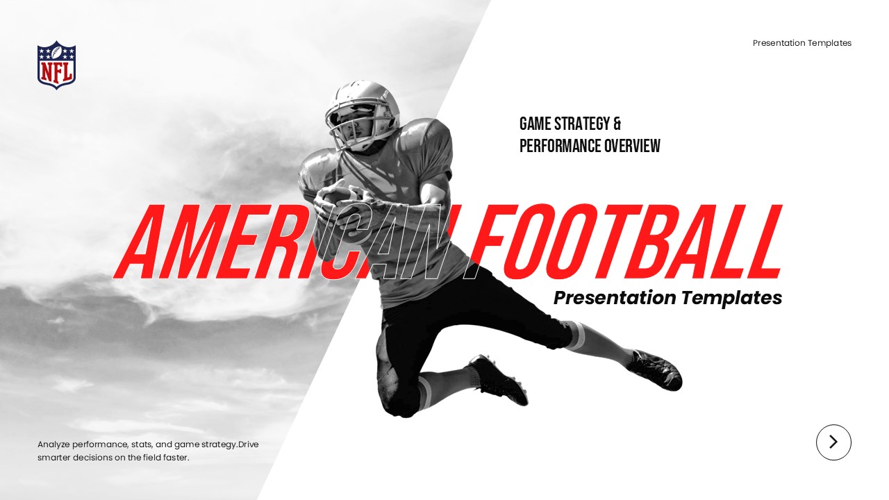 American Football Strategy Template - title slide with action player photo and presentation branding