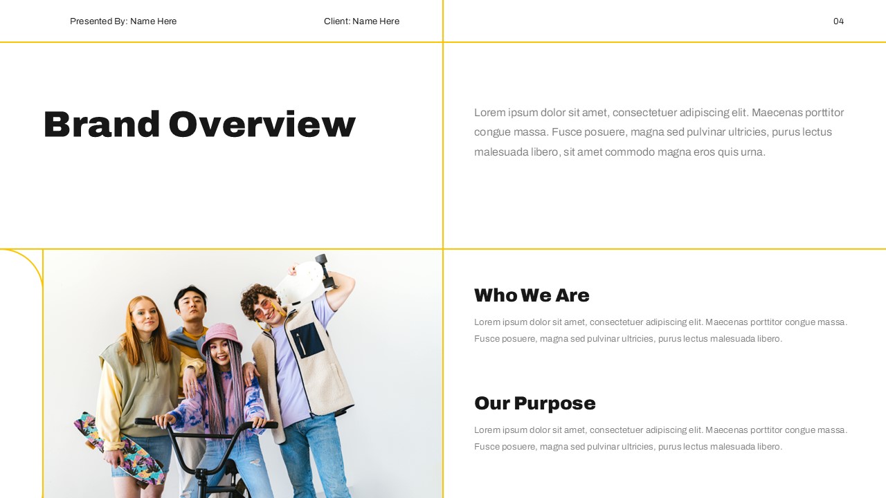 Brand Guidelines Template - brand overview slide with 'Who We Are' and 'Our Purpose' sections