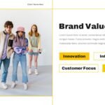 Brand Guidelines Template - brand values slide with four value boxes and trendy group photo
