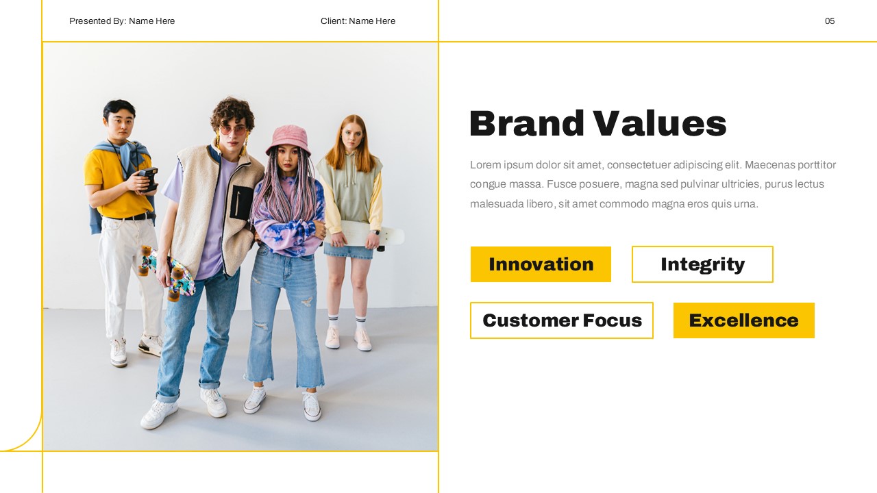 Brand Guidelines Template - brand values slide with four value boxes and trendy group photo