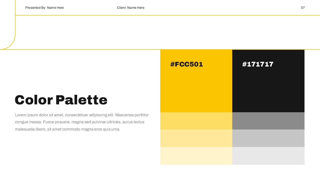 Brand Guidelines Template - color palette slide with yellow #FCC501 and black #171717 color swatches