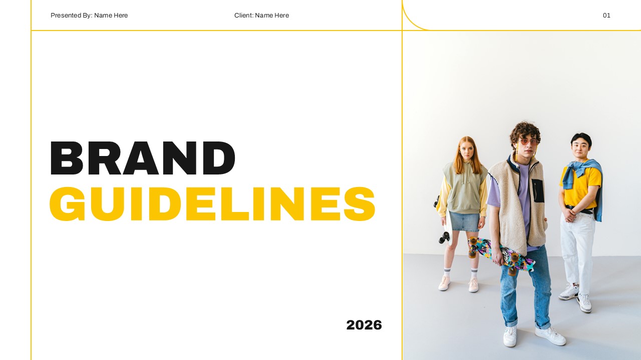 Brand Guidelines Template - title slide with presenter placeholders and lifestyle photo of three people