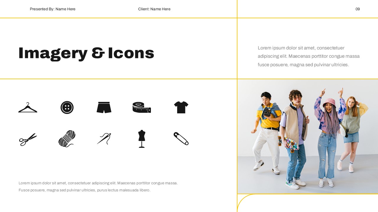 Brand Guidelines Template - imagery slide with 10 fashion icons and lifestyle group photo