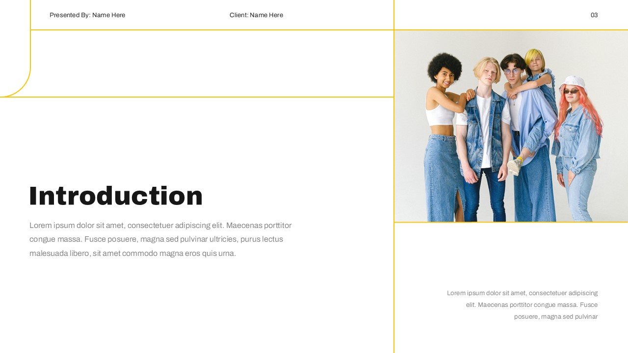 Brand Guidelines Template - introduction slide with text content and group photo of five people in denim