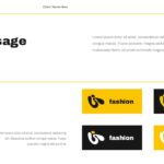 Brand Guidelines Template - logo usage slide showing four fashion logo variations in yellow and black