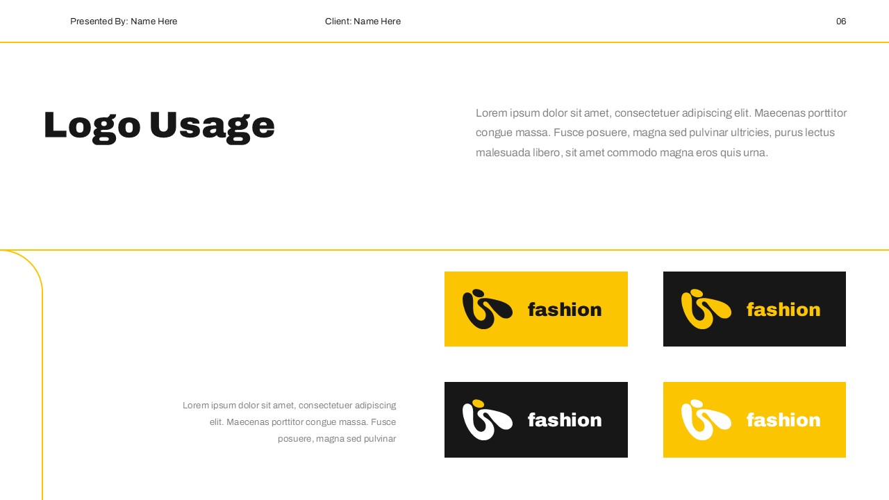 Brand Guidelines Template - logo usage slide showing four fashion logo variations in yellow and black