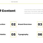 Brand Guidelines Template - table of contents with 6 numbered sections in yellow accent boxes