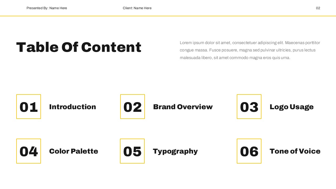 Brand Guidelines Template - table of contents with 6 numbered sections in yellow accent boxes