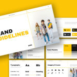 Brand Guidelines Template - cover slide with yellow and black title text, year 2026, trendy group photo