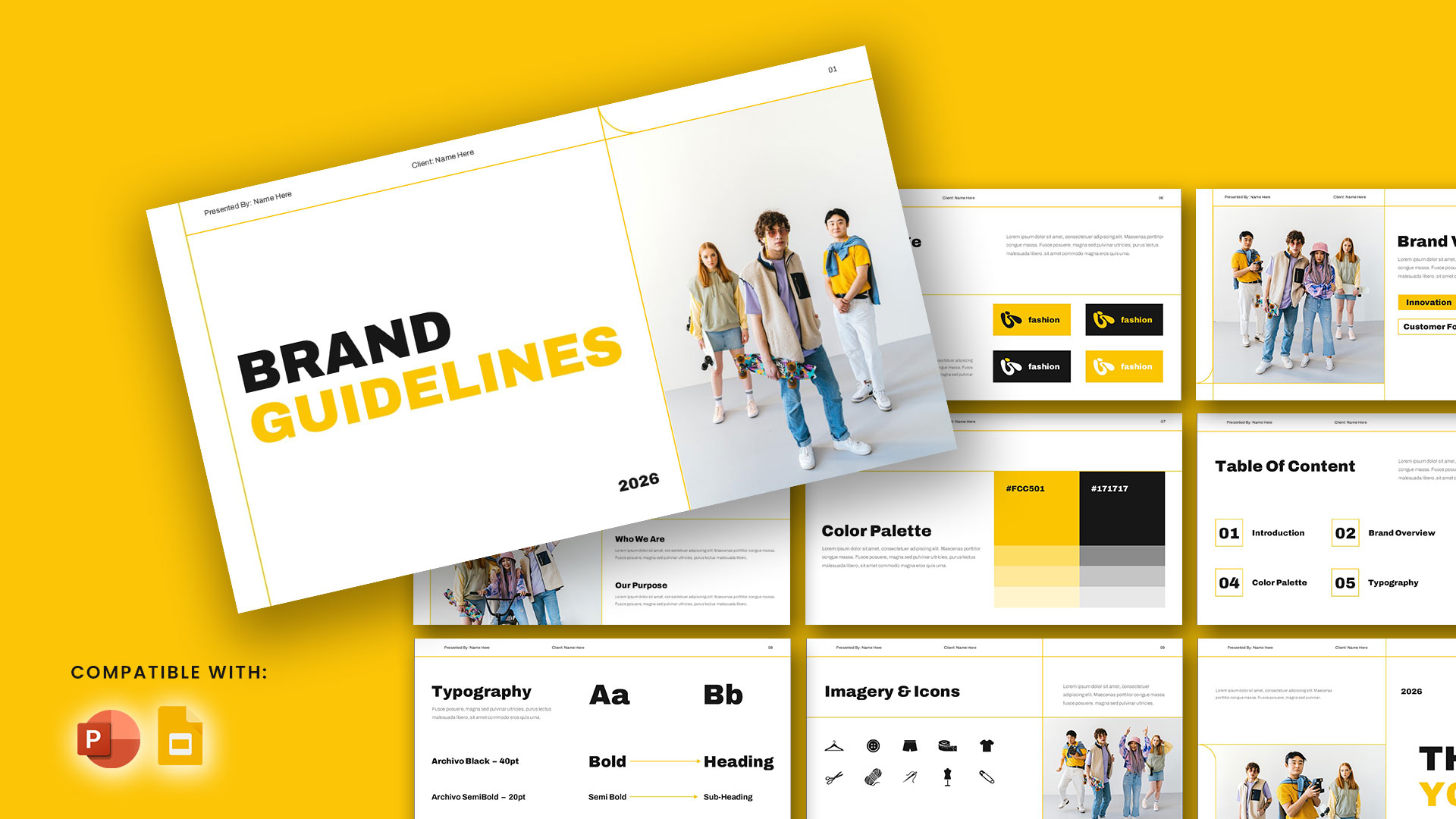 Brand Guidelines Template - cover slide with yellow and black title text, year 2026, trendy group photo