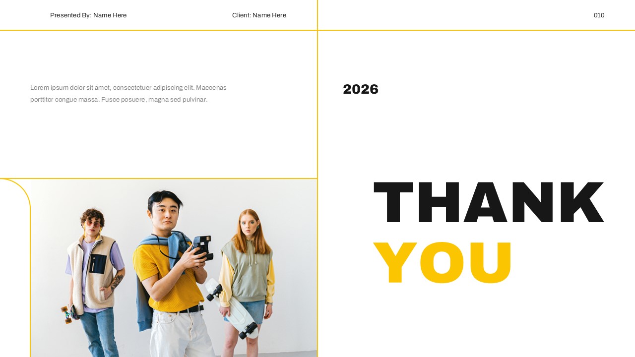 Brand Guidelines Template - thank you slide with large yellow and black text and vintage camera photo