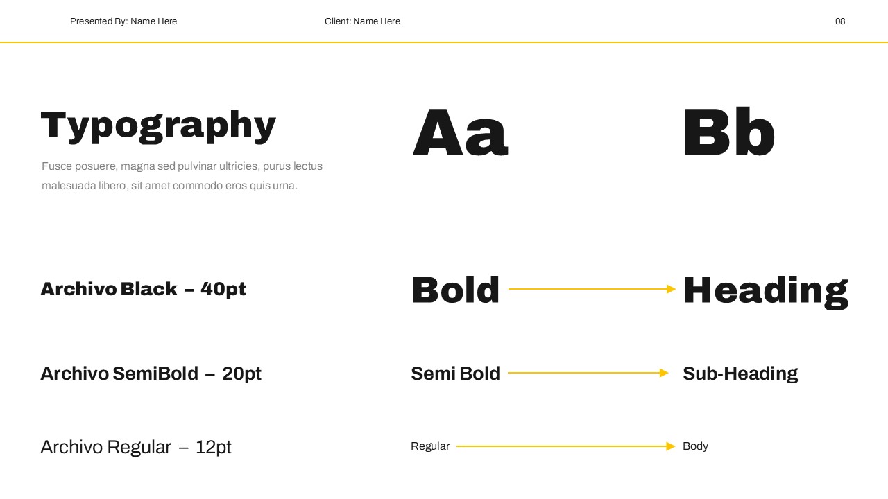 Brand Guidelines Template - typography slide with Archivo font family in three weights and sample text