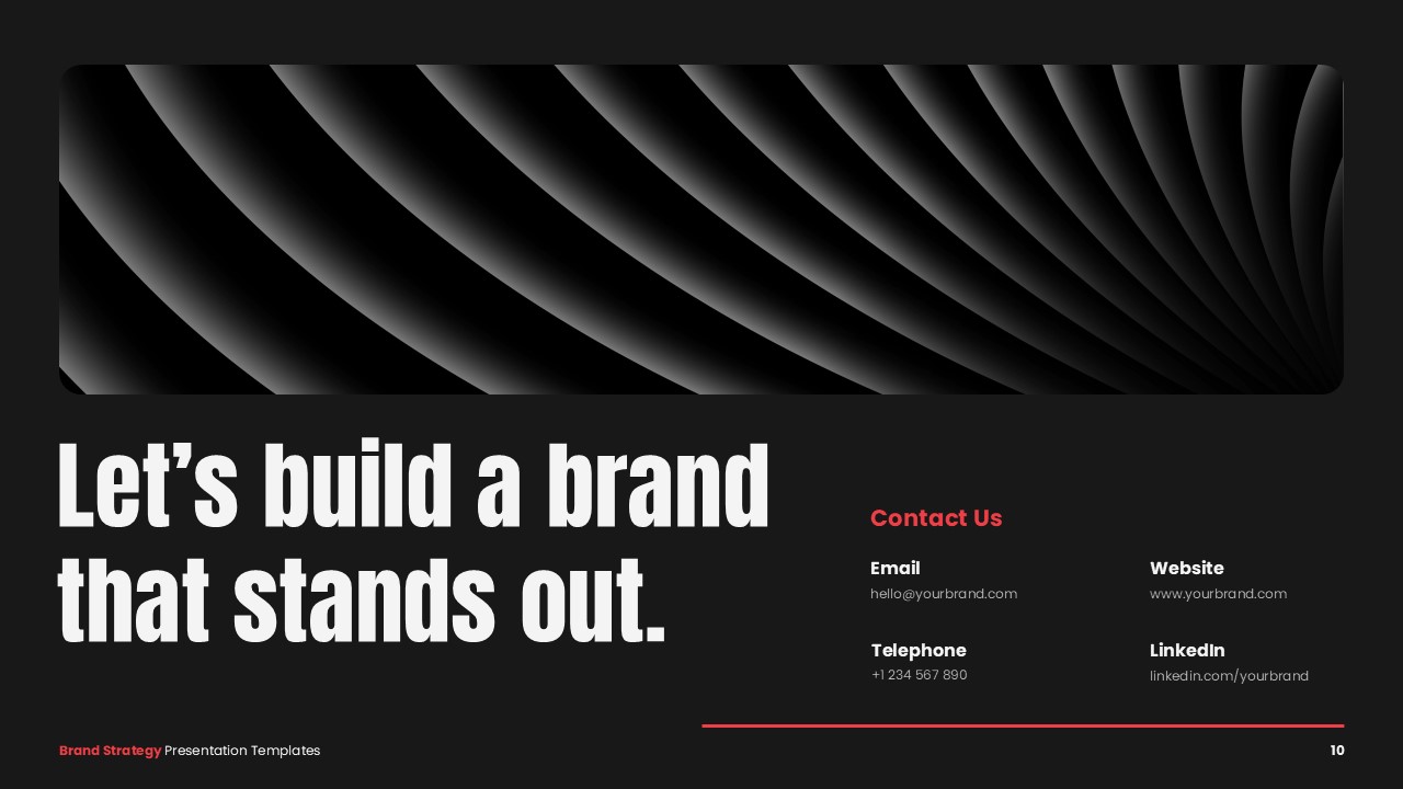 Brand Strategy Template - contact slide with call-to-action text and complete contact information layout