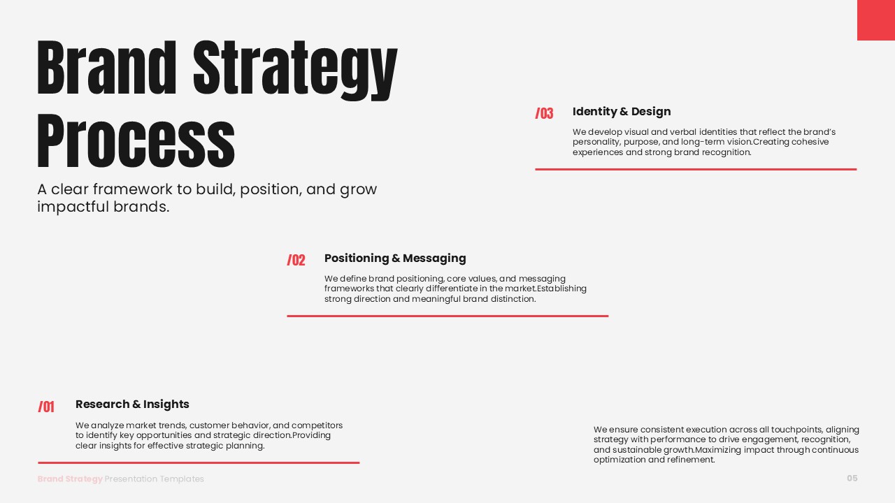 Brand Strategy Template - development process slide with three main steps and red accent lines on light background