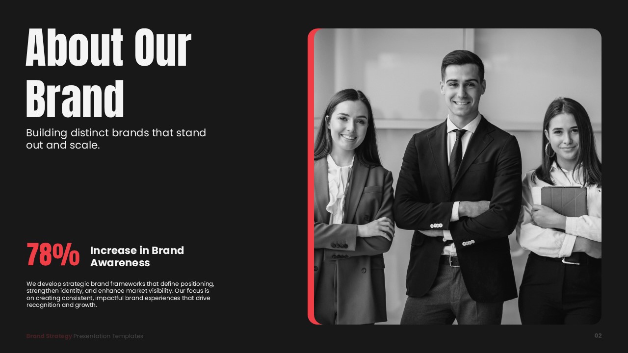 Brand Strategy Template - about slide with 78% brand awareness statistic and professional team photo on right