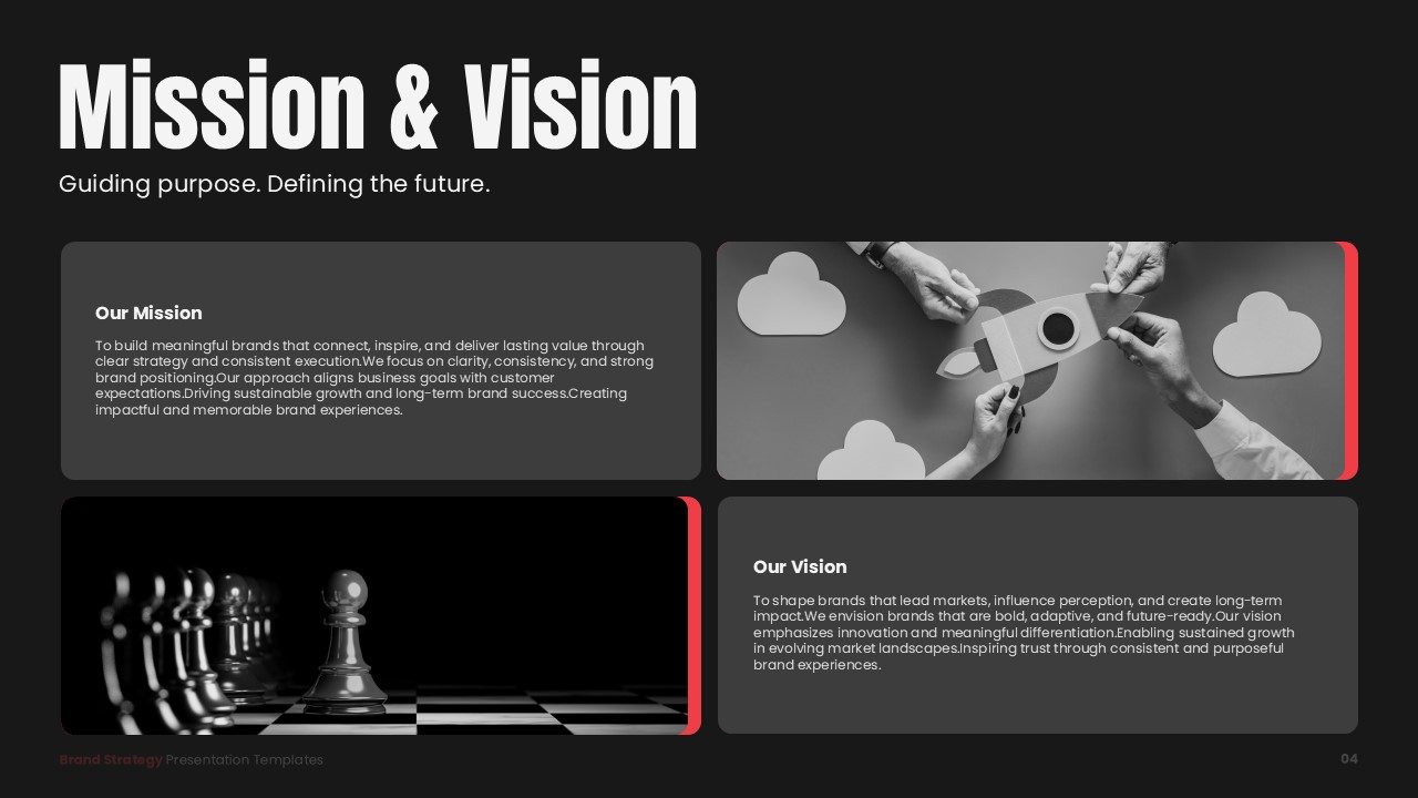 Brand Strategy Template - mission vision slide with four-panel grid layout on dark background
